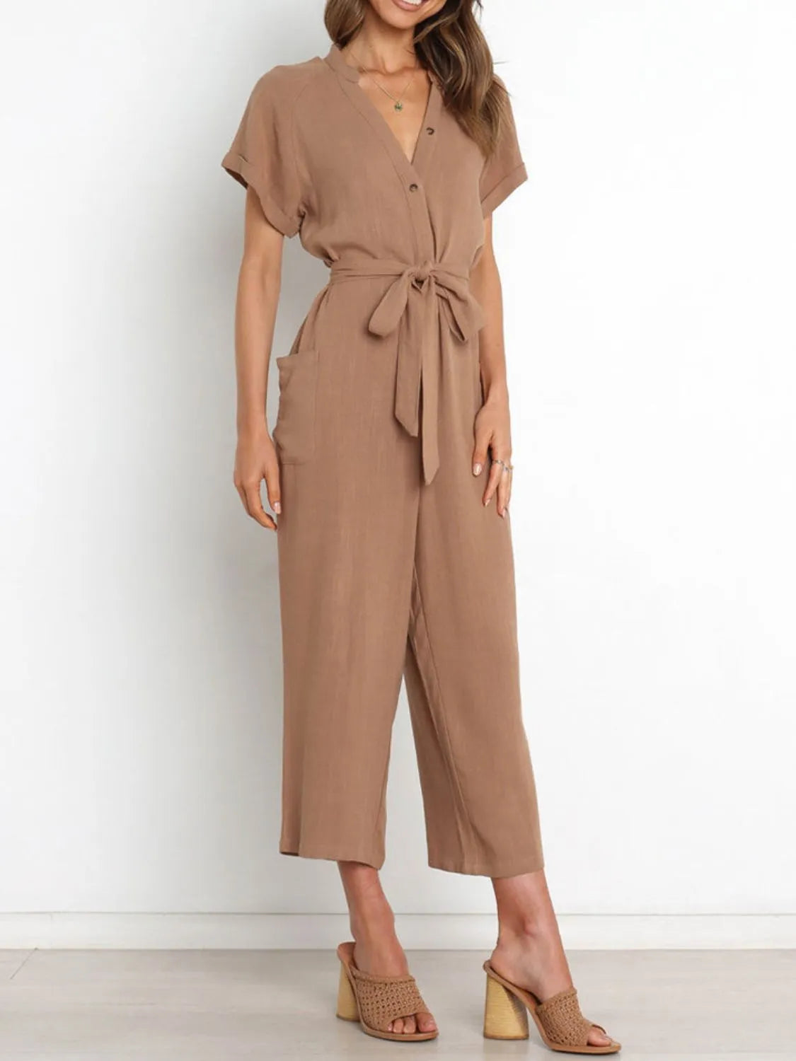 Notched Short Sleeve Tie Waist Jumpsuit