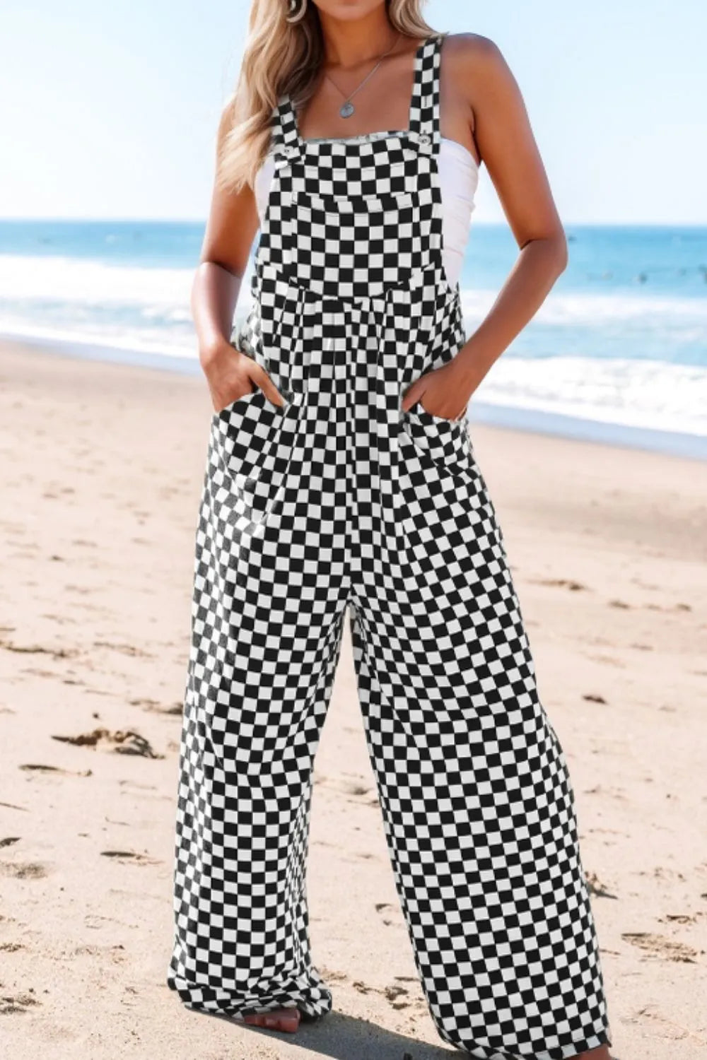 Checkered Print Pocketed Wide Leg Jumpsuit