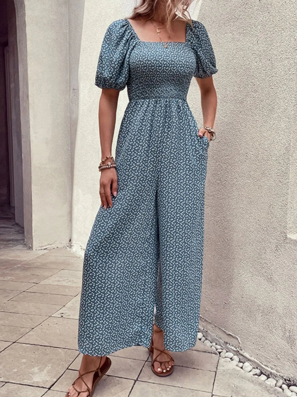 Printed Square Neck Puff Sleeve Jumpsuit