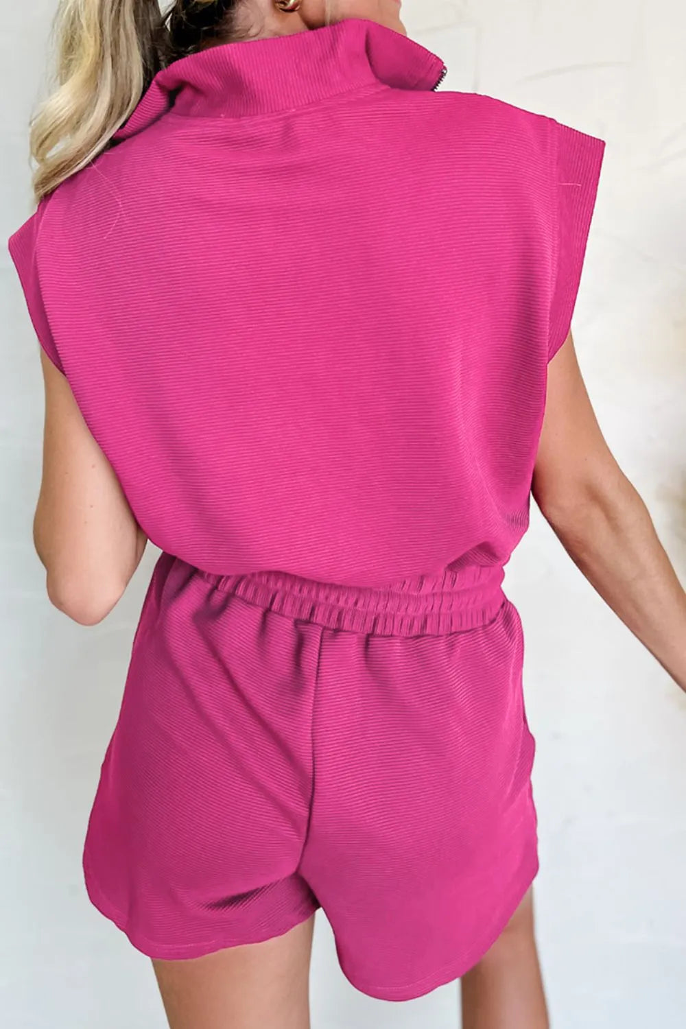 Textured Short Sleeve Half Zip Drawstring Waist Romper
