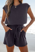 Knit Open Back Cap Sleeve Drawstring Romper