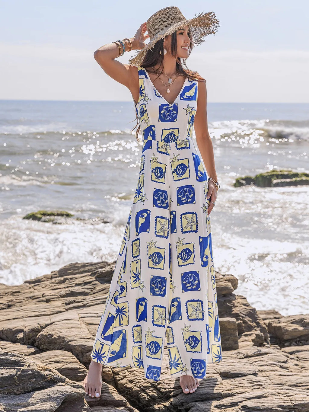 Printed V-Neck Wide Leg Jumpsuit