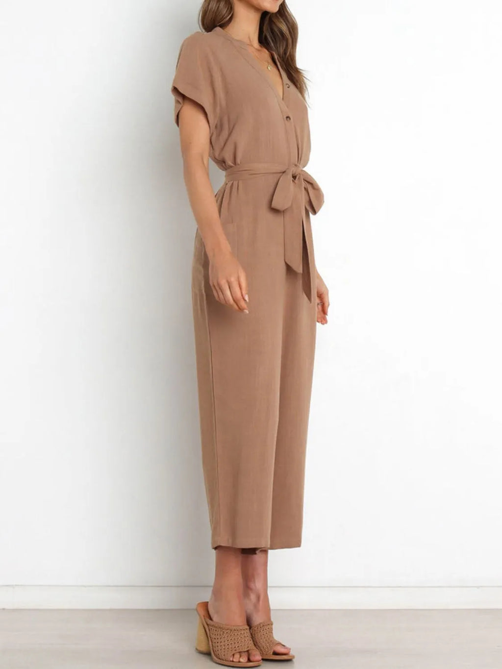 Notched Short Sleeve Tie Waist Jumpsuit