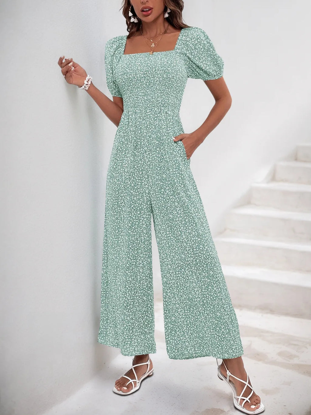 Printed Square Neck Puff Sleeve Jumpsuit