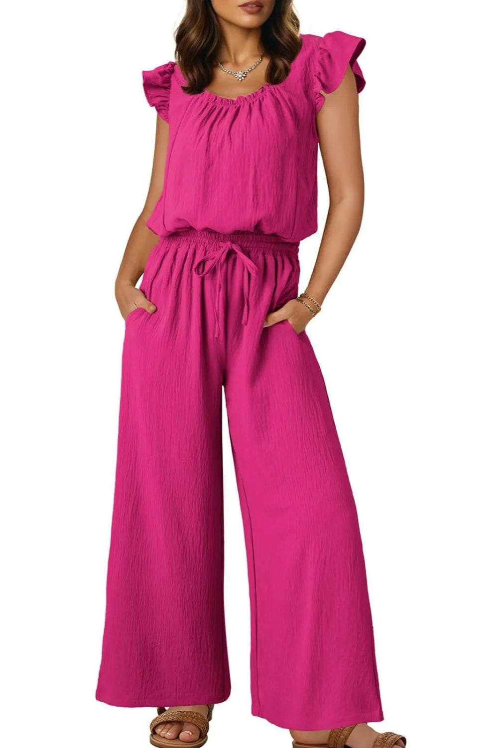 Ruffled Cap Sleeve Wide Leg Jumpsuit