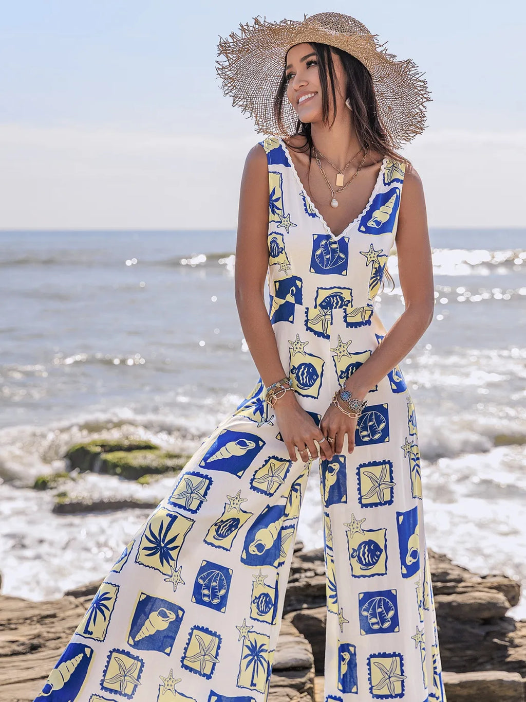 Printed V-Neck Wide Leg Jumpsuit