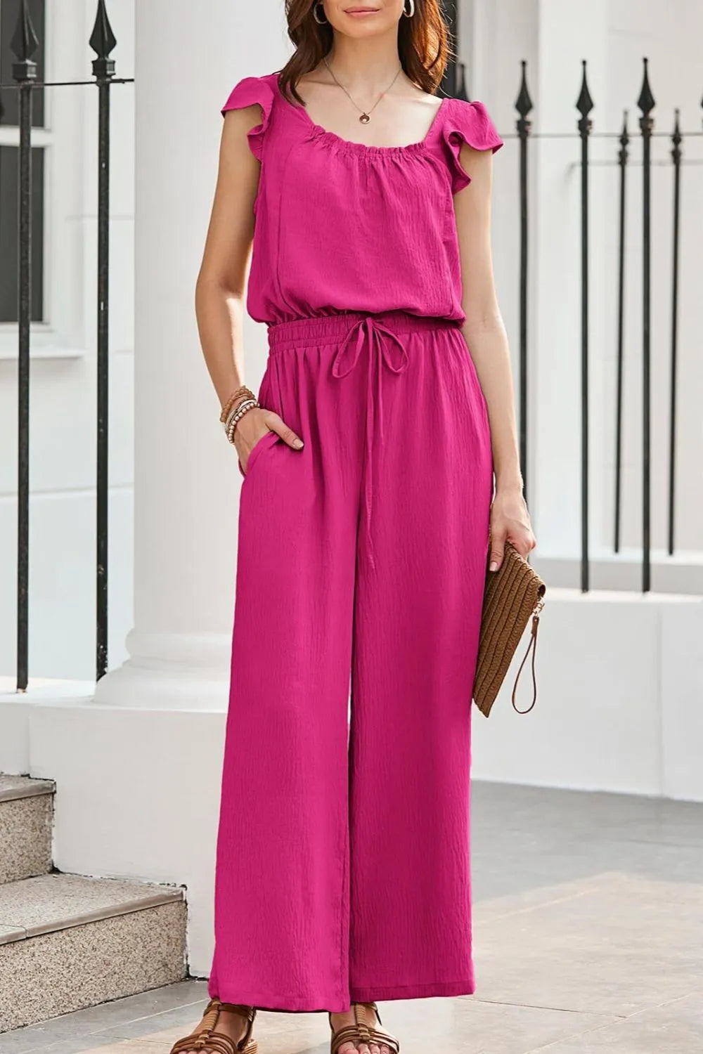 Ruffled Cap Sleeve Wide Leg Jumpsuit