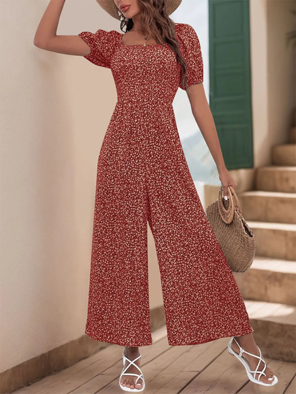 Printed Square Neck Puff Sleeve Jumpsuit
