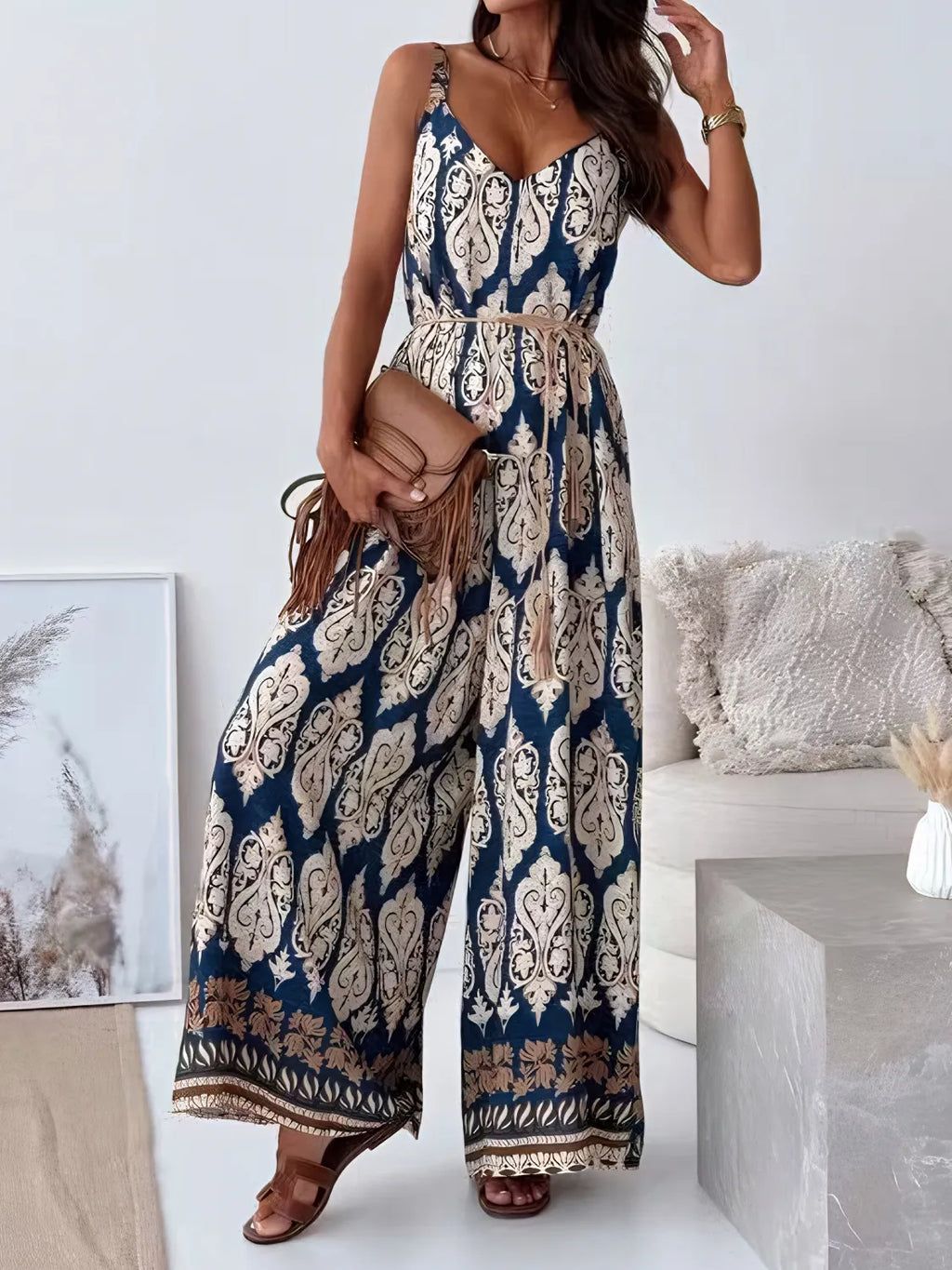 Printed V-Neck Wide Leg Jumpsuit