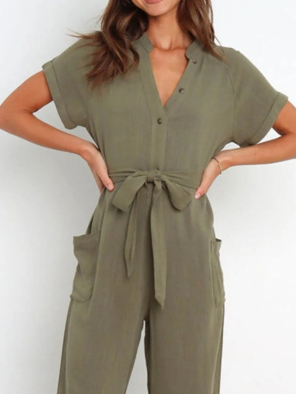 Notched Short Sleeve Tie Waist Jumpsuit