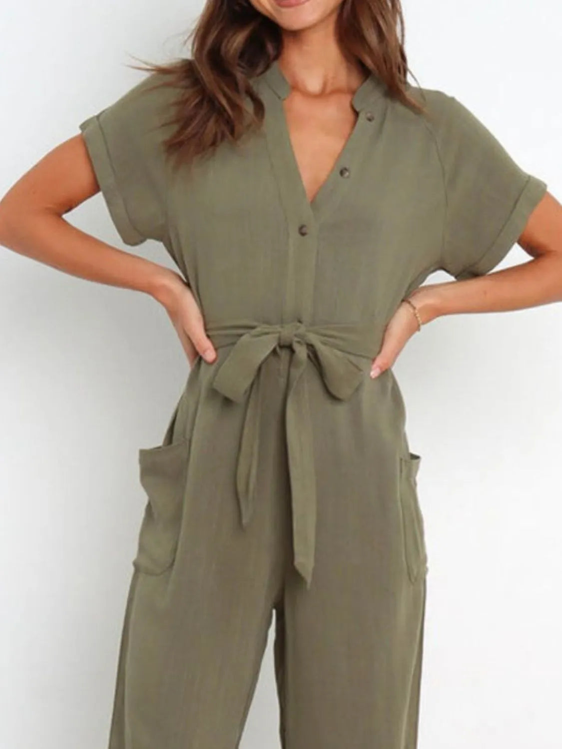 Notched Short Sleeve Tie Waist Jumpsuit