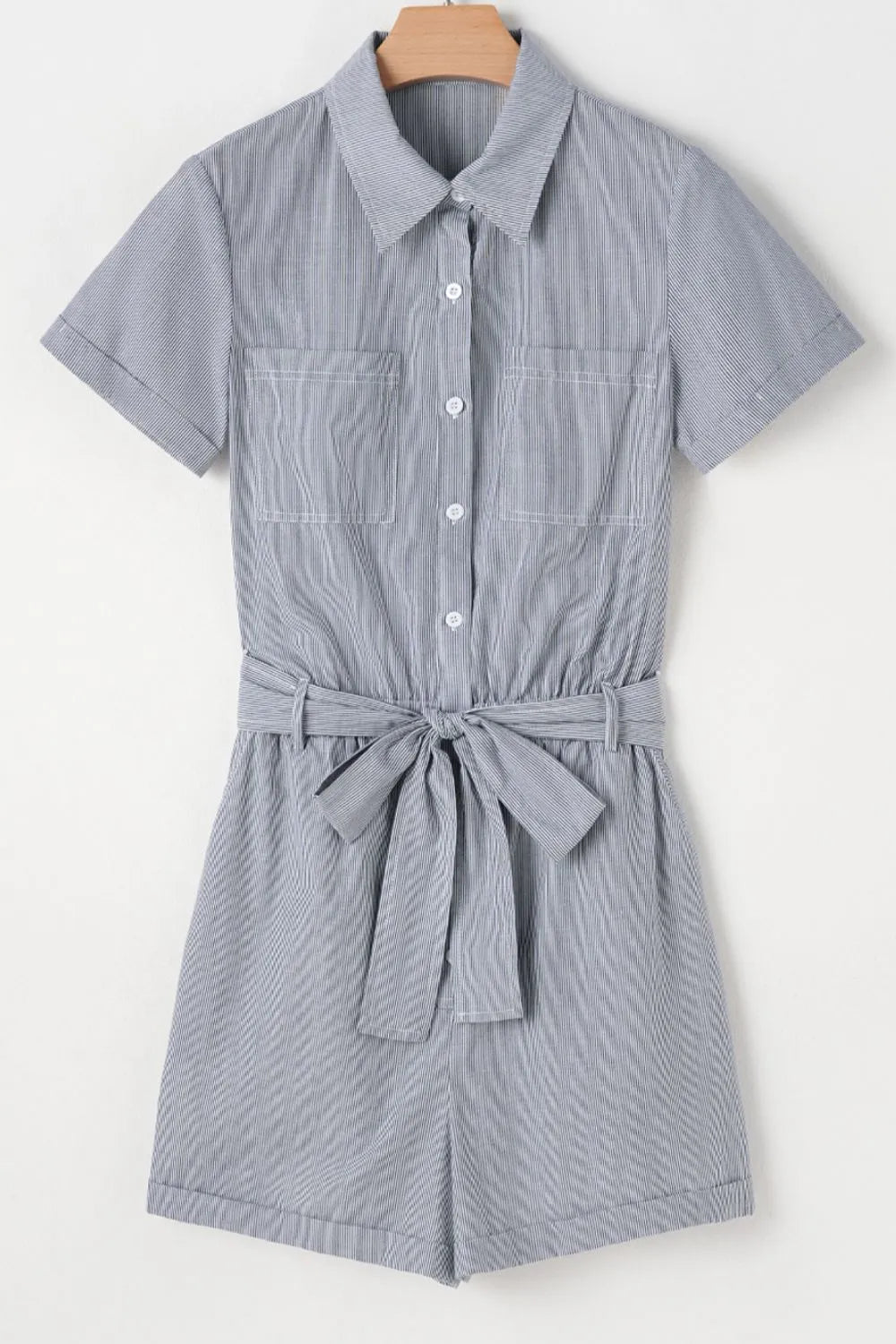 Stripe Chest Pockets Tie Waist Romper