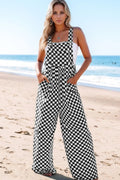 Checkered Print Pocketed Wide Leg Jumpsuit
