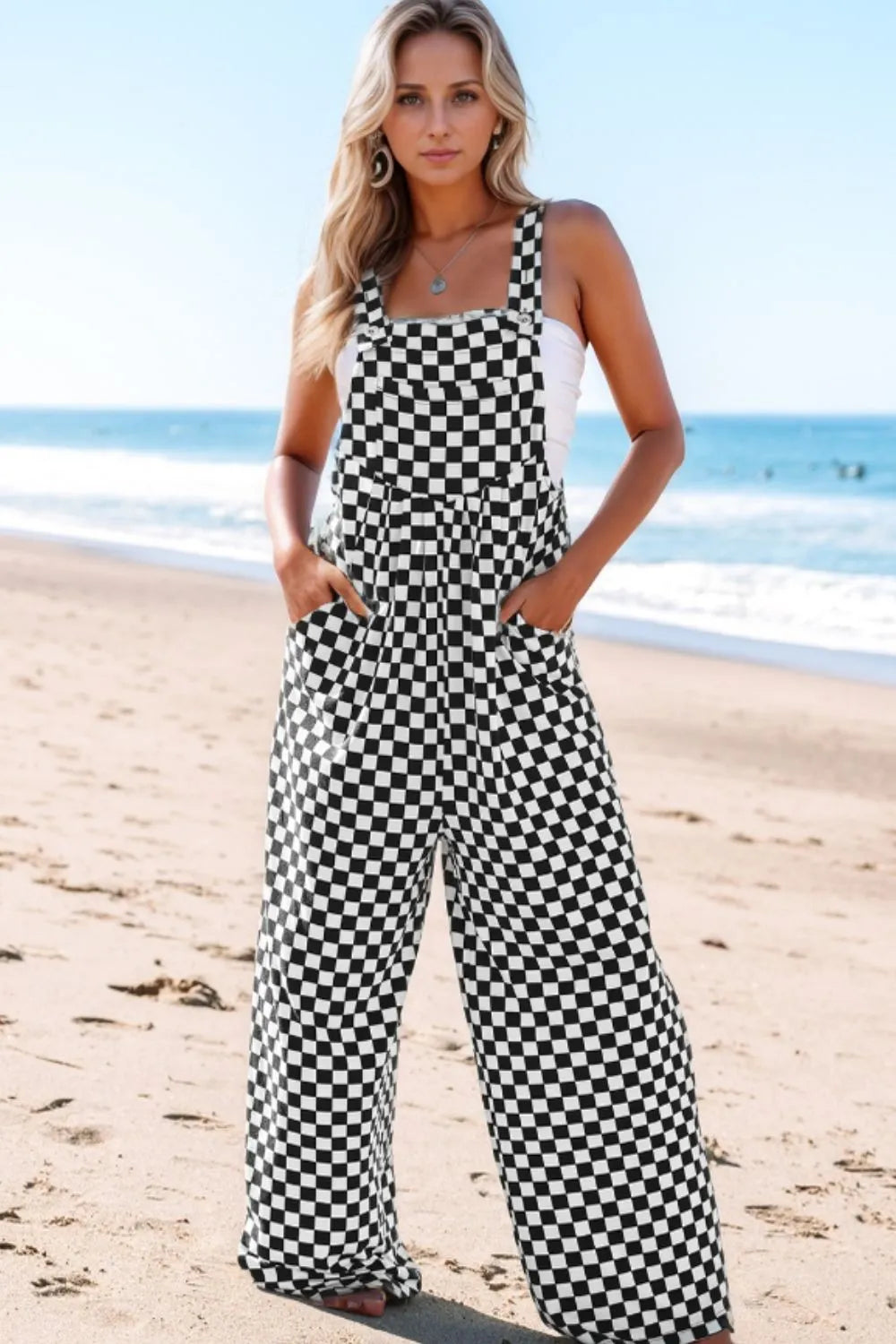 Checkered Print Pocketed Wide Leg Jumpsuit