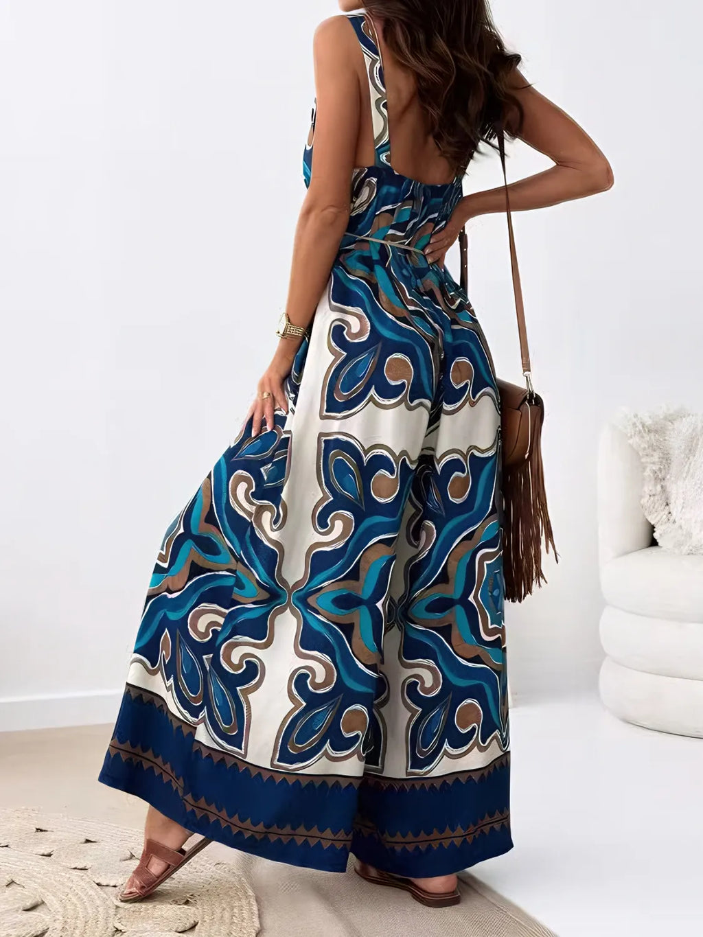 Printed V-Neck Wide Leg Jumpsuit