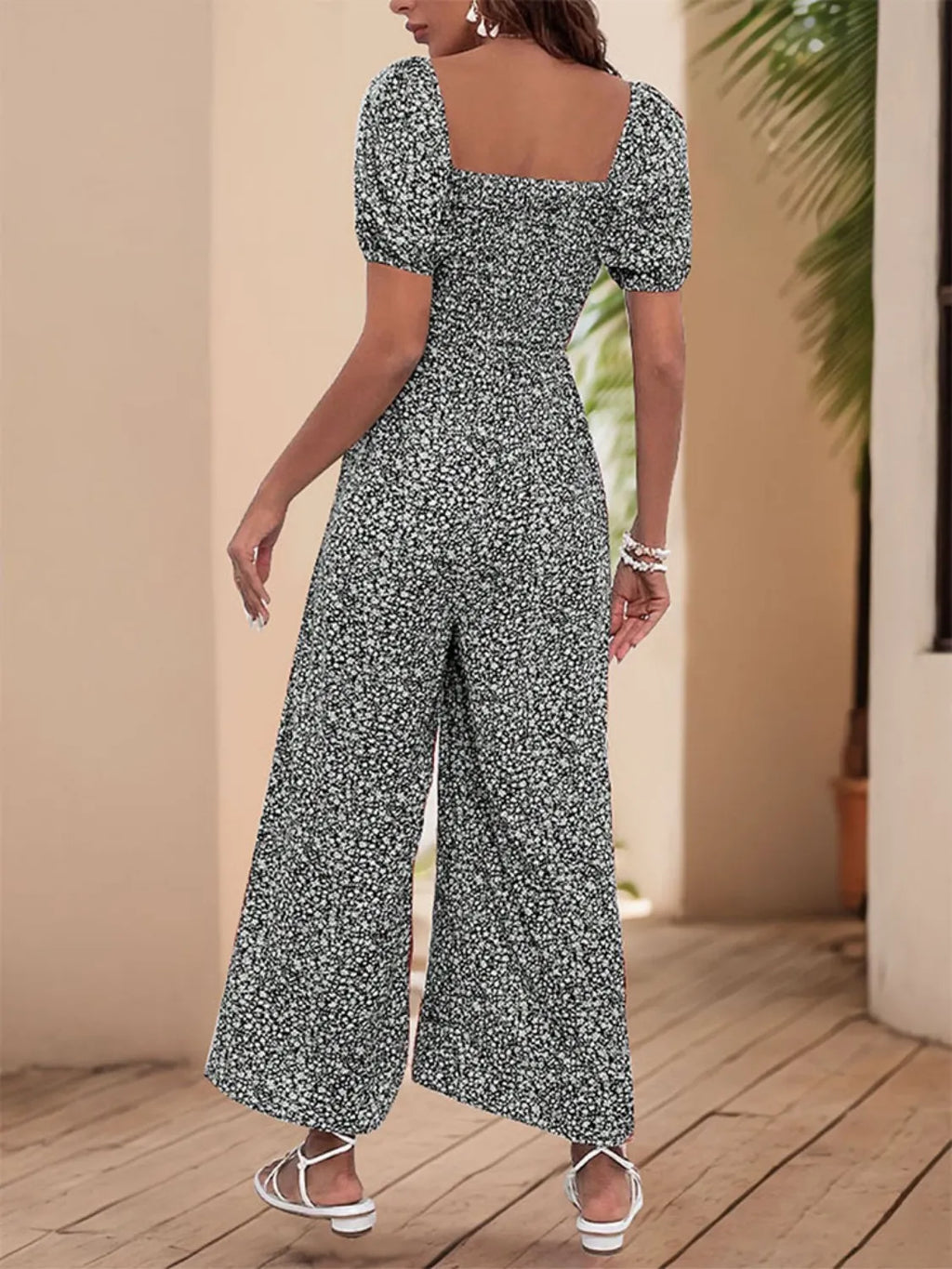 Printed Square Neck Puff Sleeve Jumpsuit