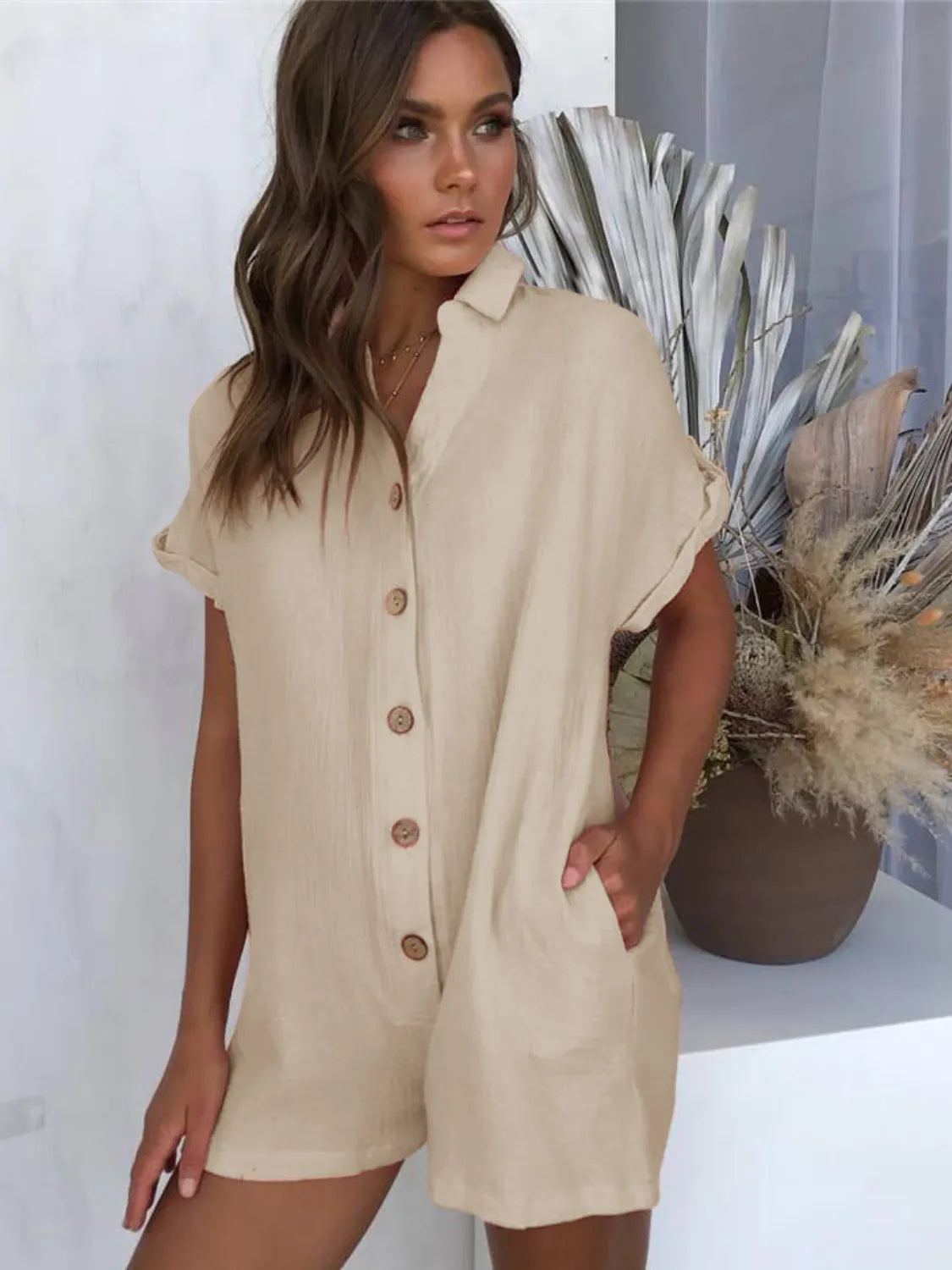 Button Front Short Sleeve Romper
