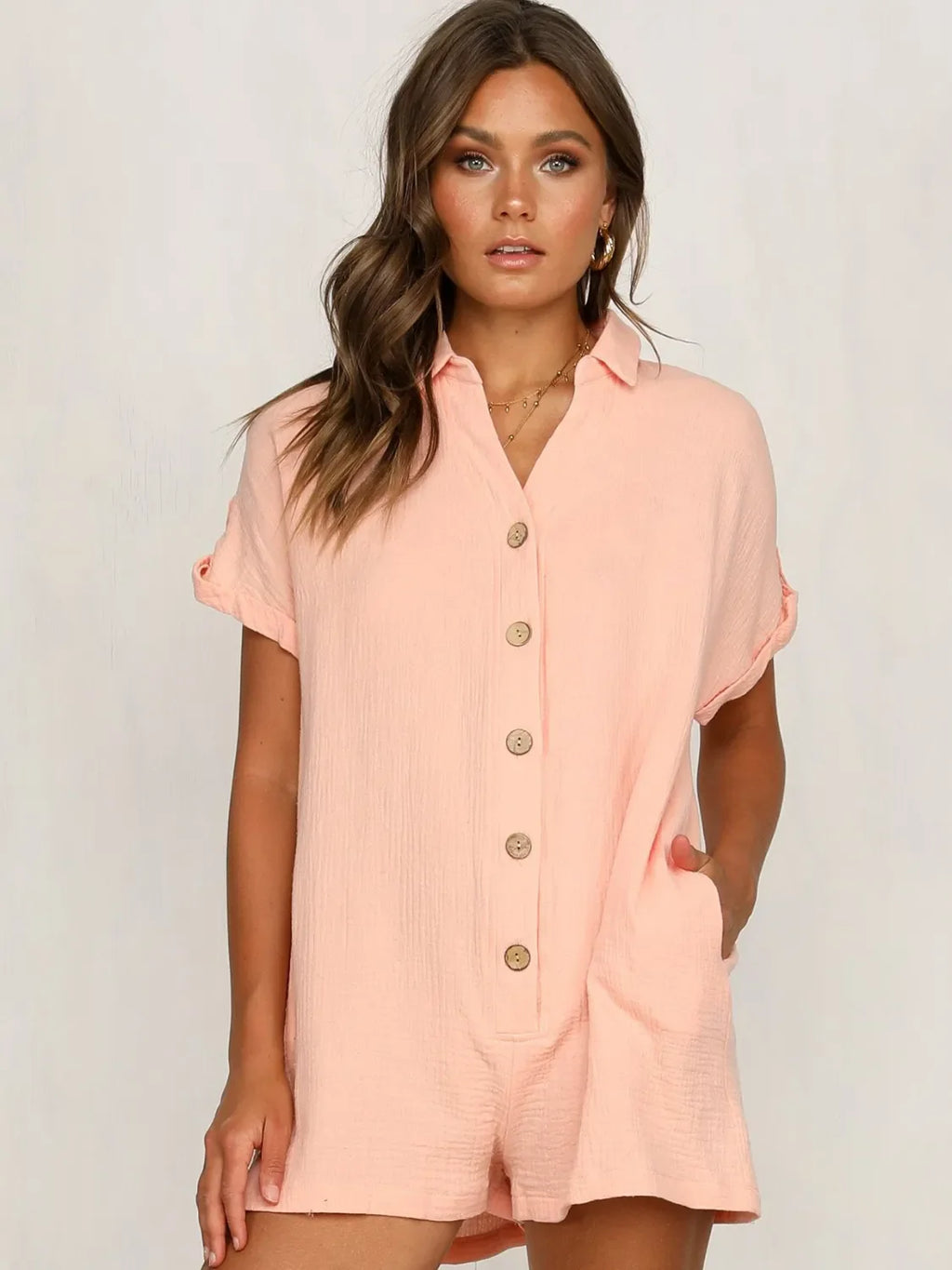 Button Front Short Sleeve Romper