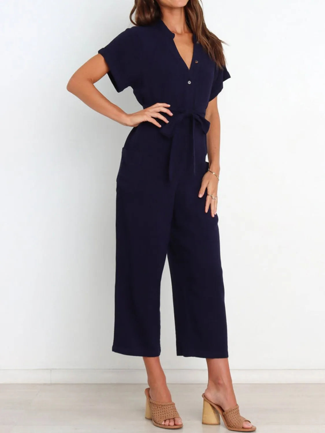 Notched Short Sleeve Tie Waist Jumpsuit