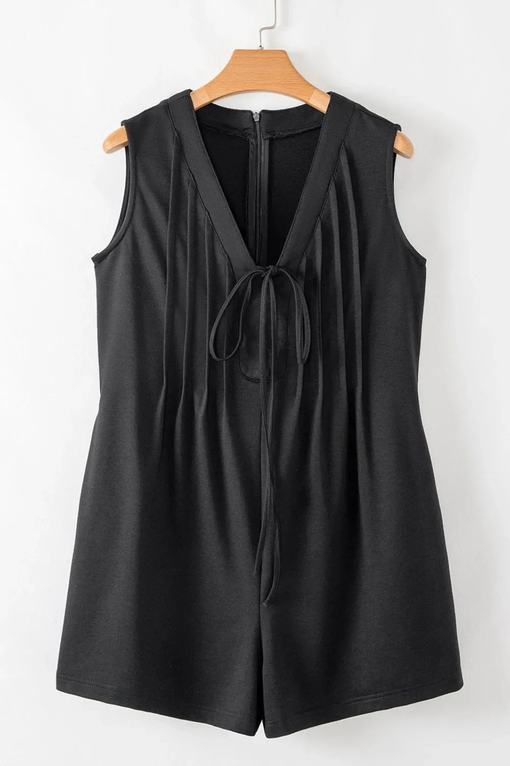 Tie V Neck Pintuck Sleeveless Loose Romper