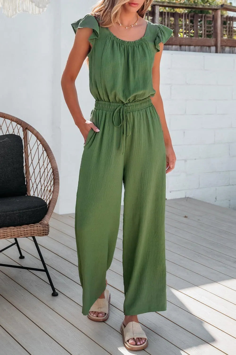 Ruffled Cap Sleeve Wide Leg Jumpsuit