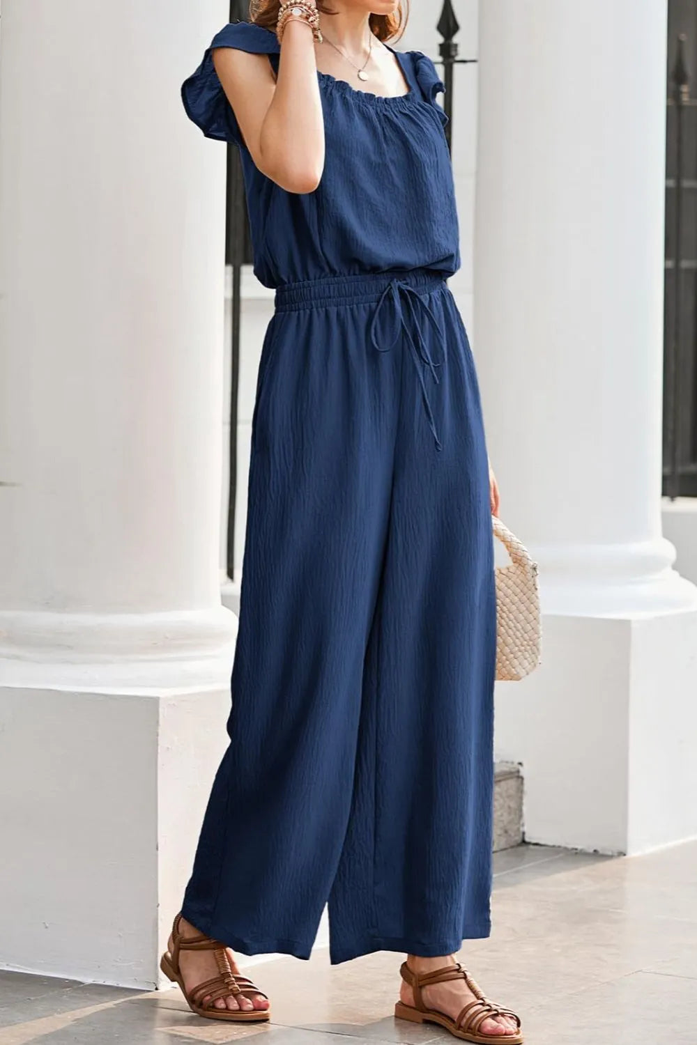 Ruffled Cap Sleeve Wide Leg Jumpsuit