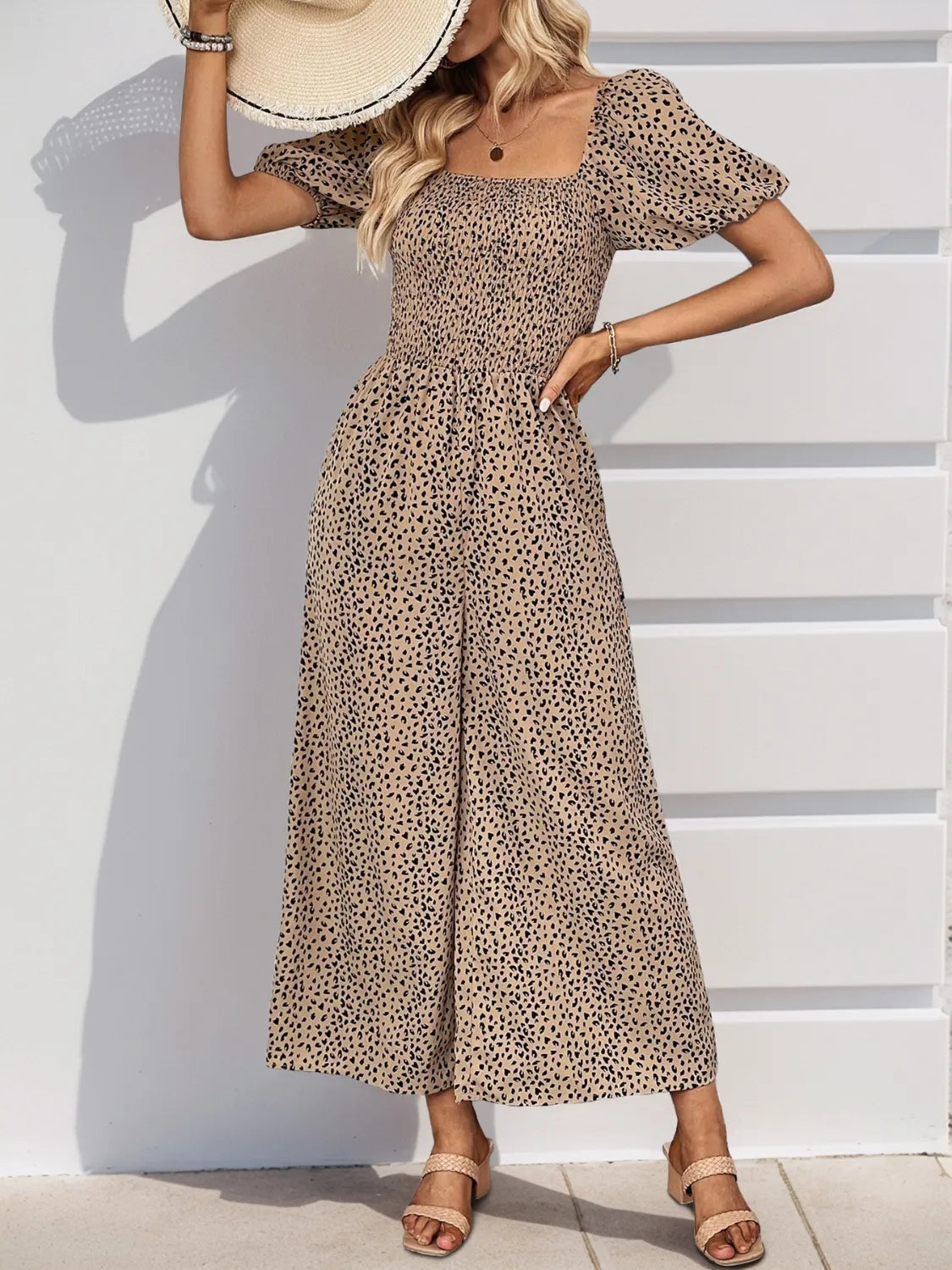 Printed Square Neck Puff Sleeve Jumpsuit