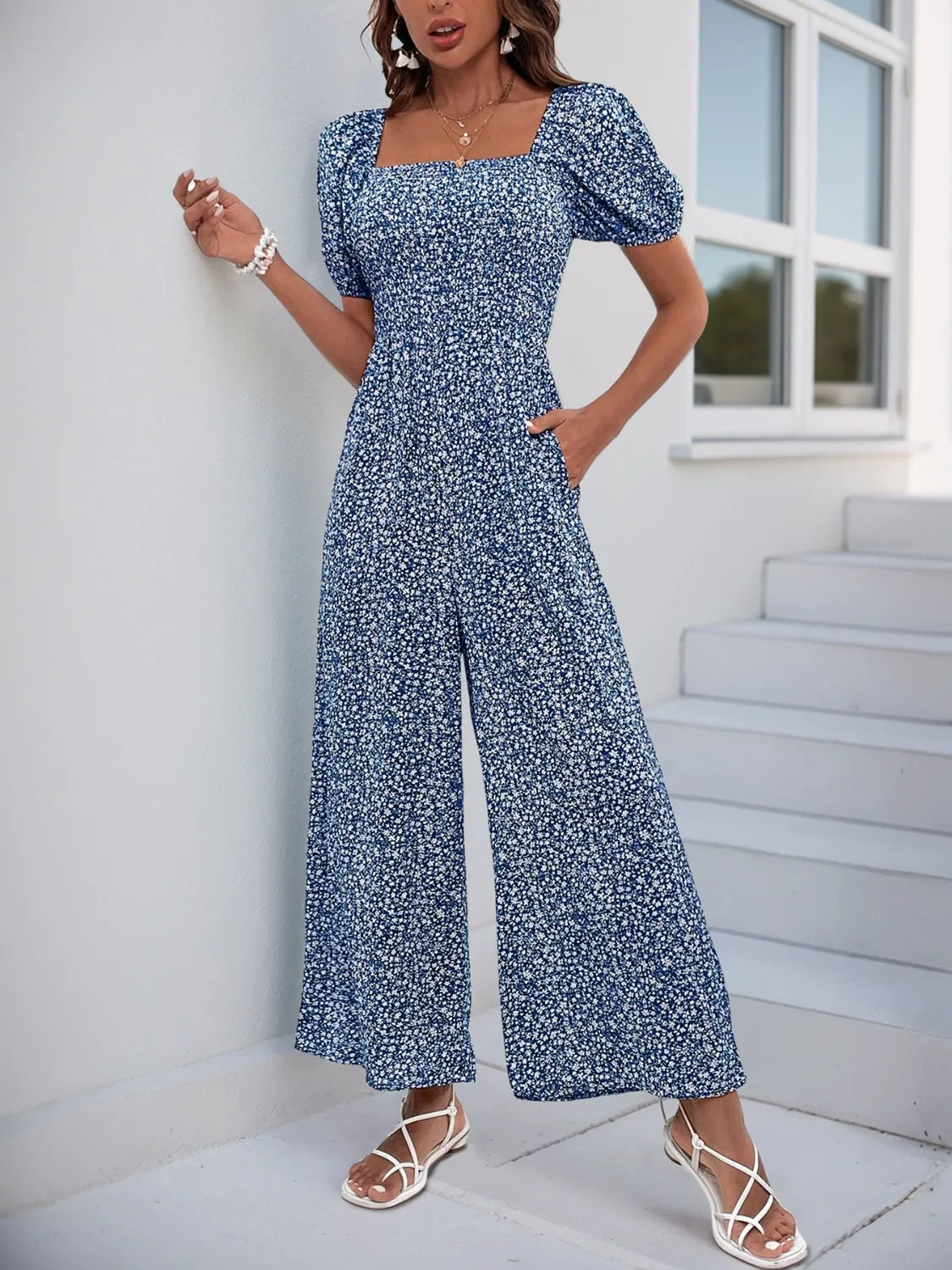 Printed Square Neck Puff Sleeve Jumpsuit