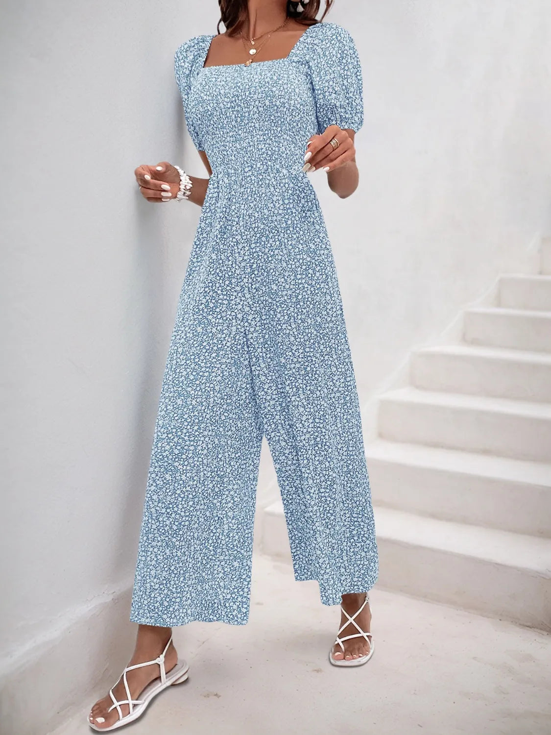 Printed Square Neck Puff Sleeve Jumpsuit