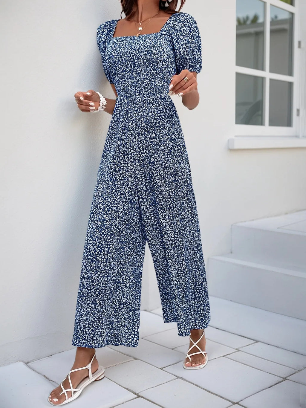 Printed Square Neck Puff Sleeve Jumpsuit