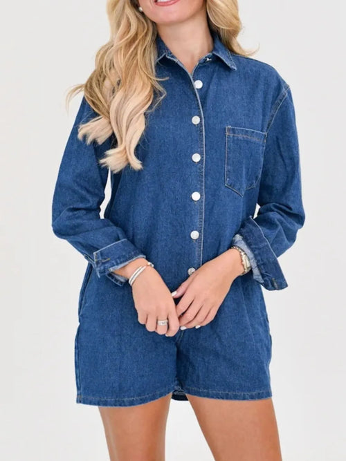 Button Front Long Sleeve Denim Romper