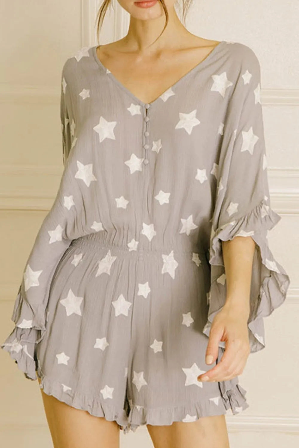 Star Print Crinkle Textured Kimono Ruffle Sleeve Romper