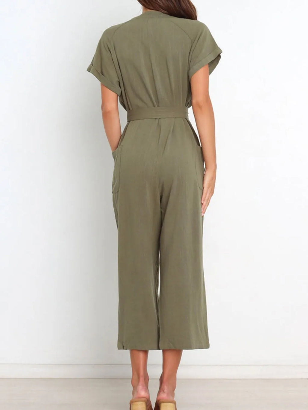 Notched Short Sleeve Tie Waist Jumpsuit