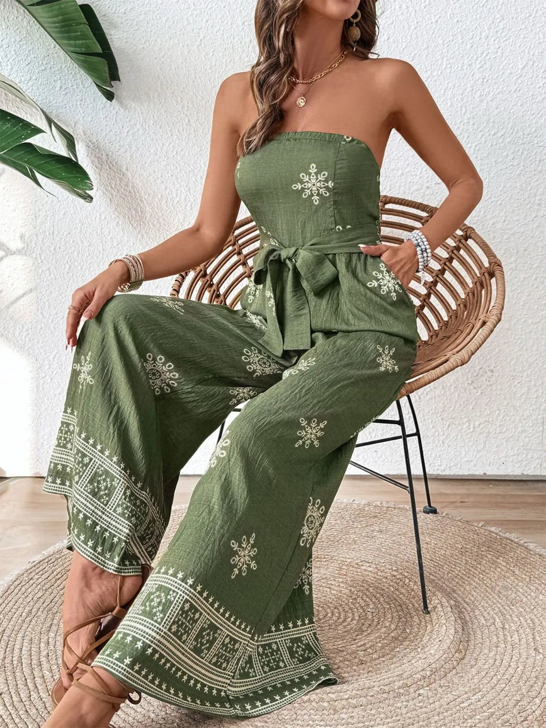 Printed Wide Leg Tube Jumpsuit