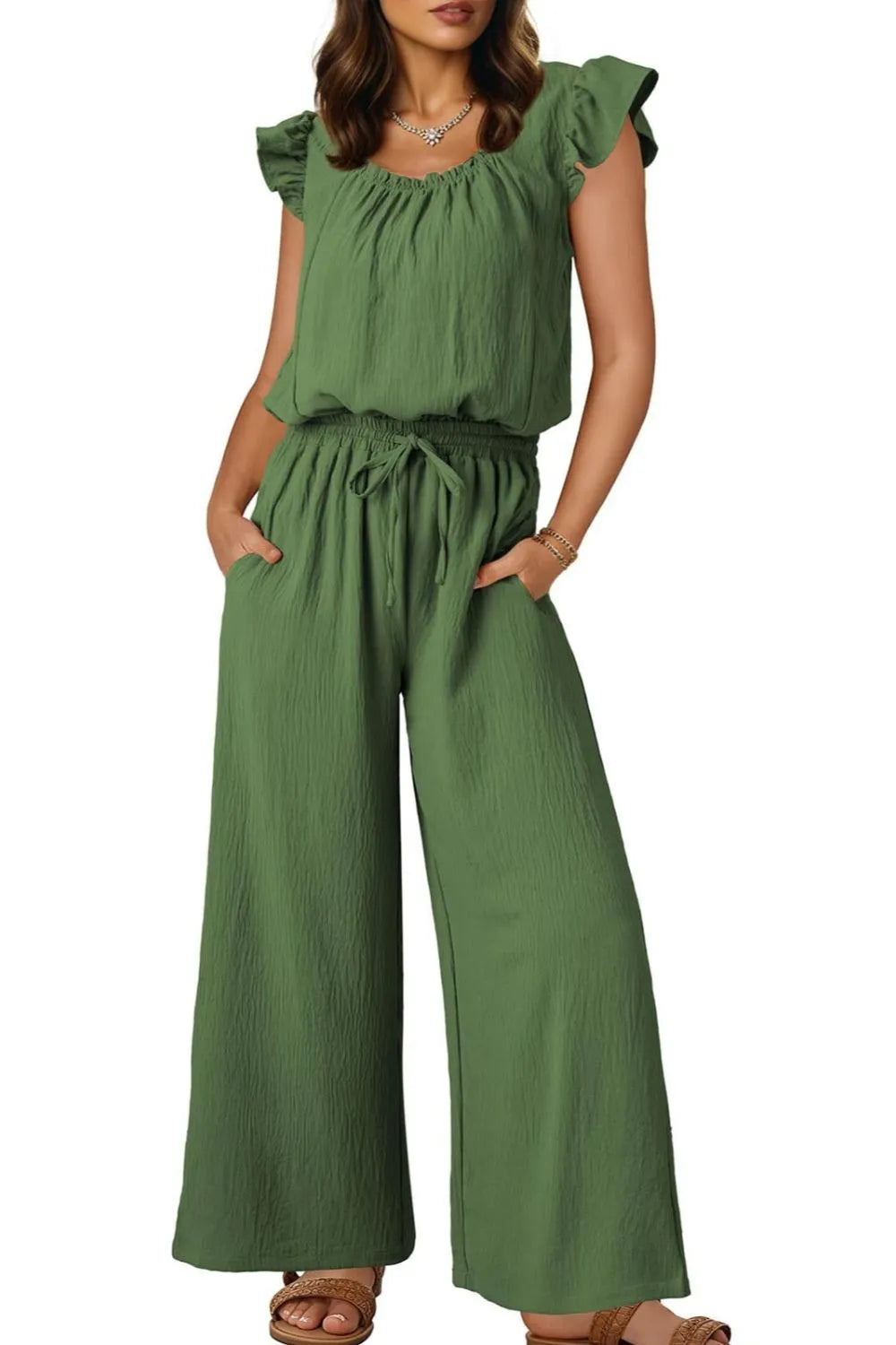 Ruffled Cap Sleeve Wide Leg Jumpsuit