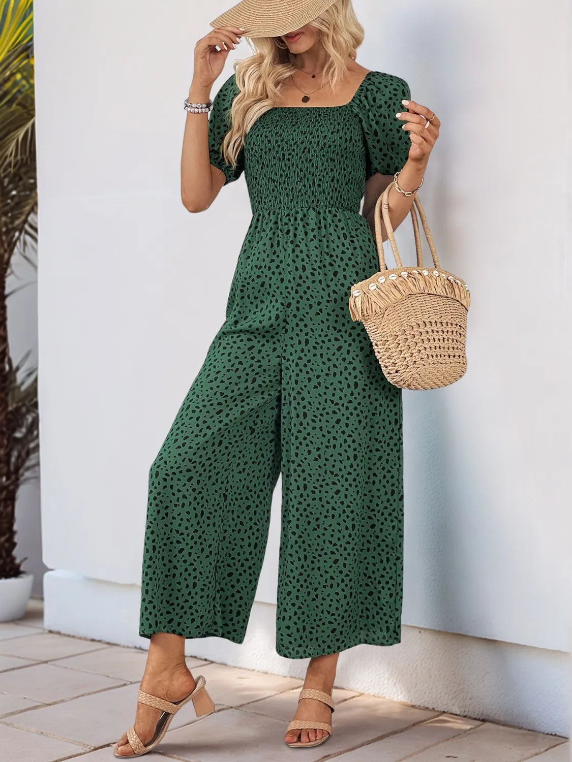 Printed Square Neck Puff Sleeve Jumpsuit
