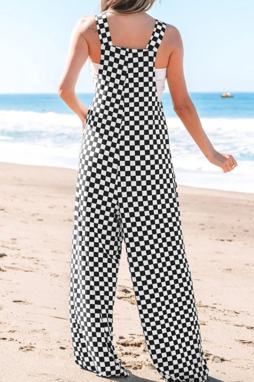 Checkered Print Pocketed Wide Leg Jumpsuit