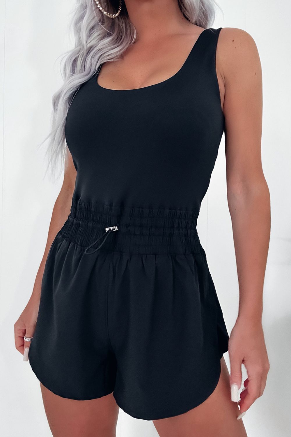 Drawstring Waist Scoop Neck Romper