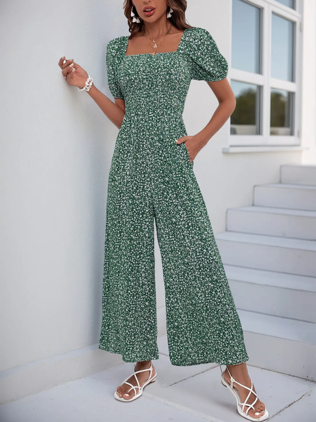 Printed Square Neck Puff Sleeve Jumpsuit