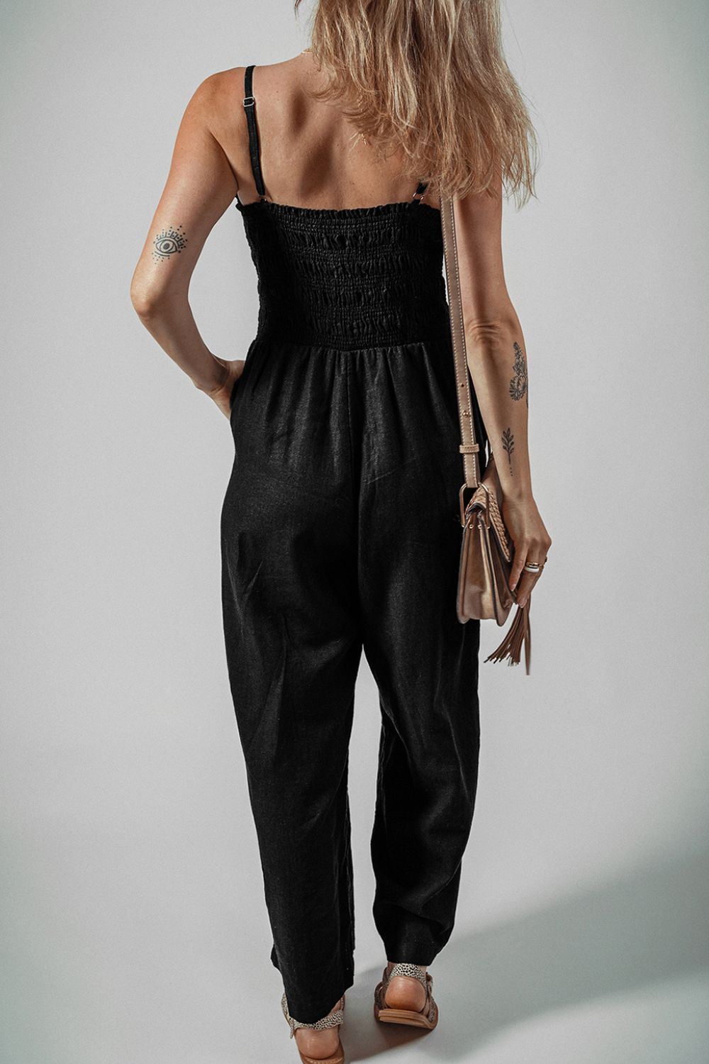 Smocked Spaghetti Straps Wide Leg Jumpsuit