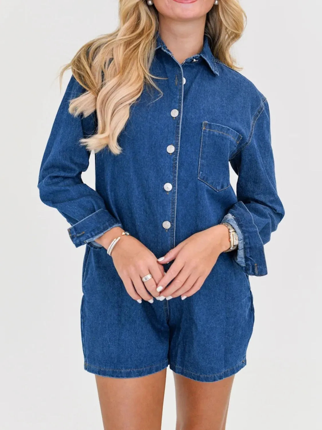 Button Front Long Sleeve Denim Romper