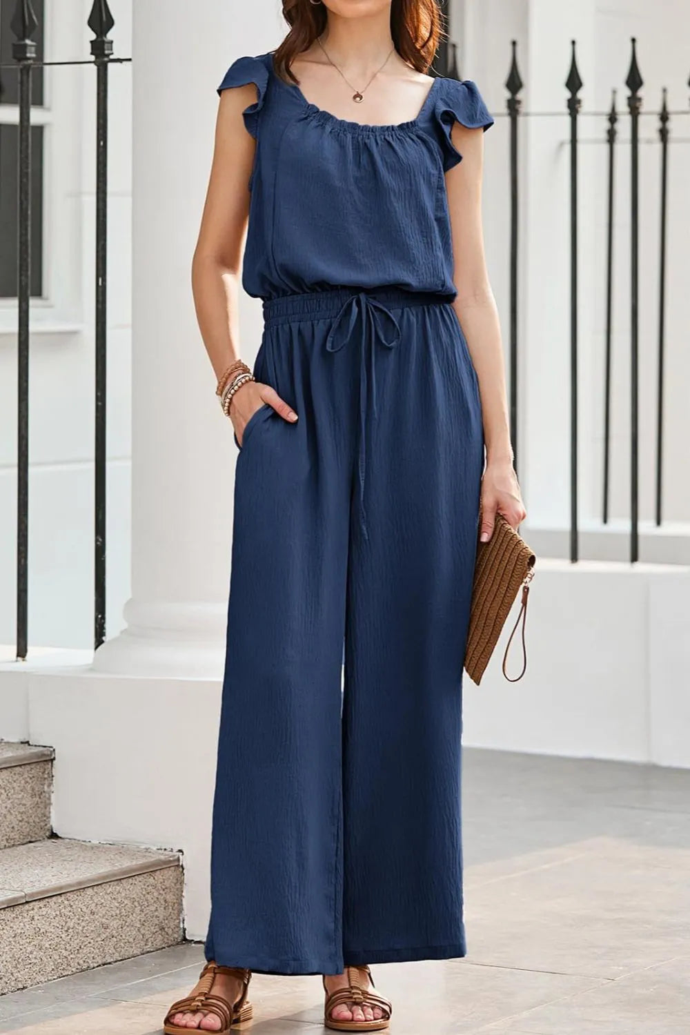 Ruffled Cap Sleeve Wide Leg Jumpsuit