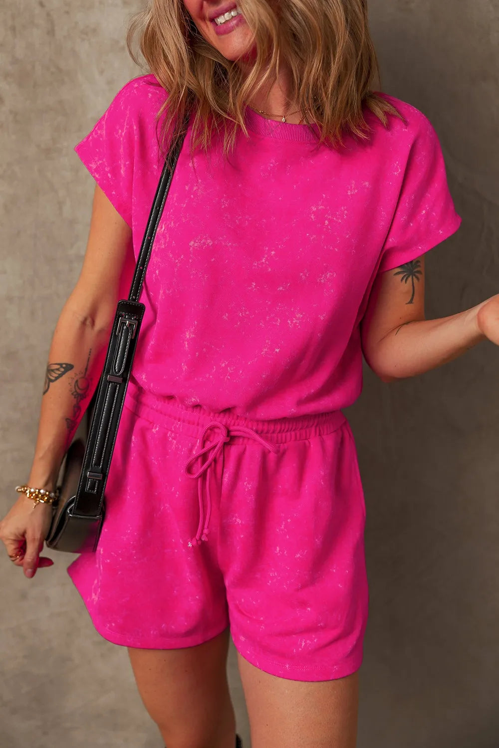 Mineral Wash Hollow Out Back Drawstring Waist Romper