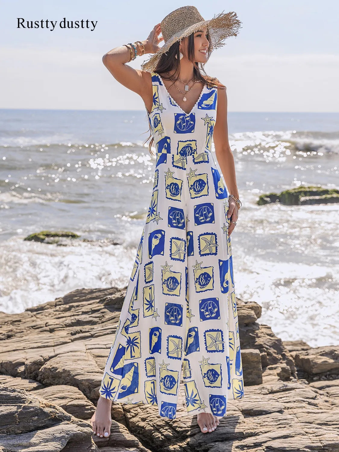 Printed V-Neck Wide Leg Jumpsuit