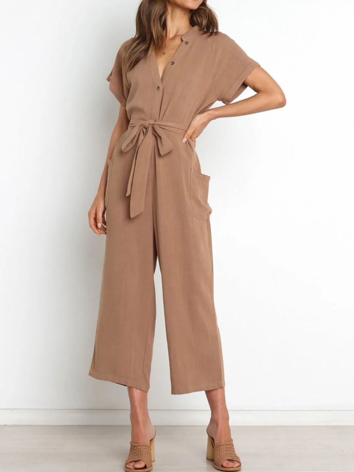 Notched Short Sleeve Tie Waist Jumpsuit