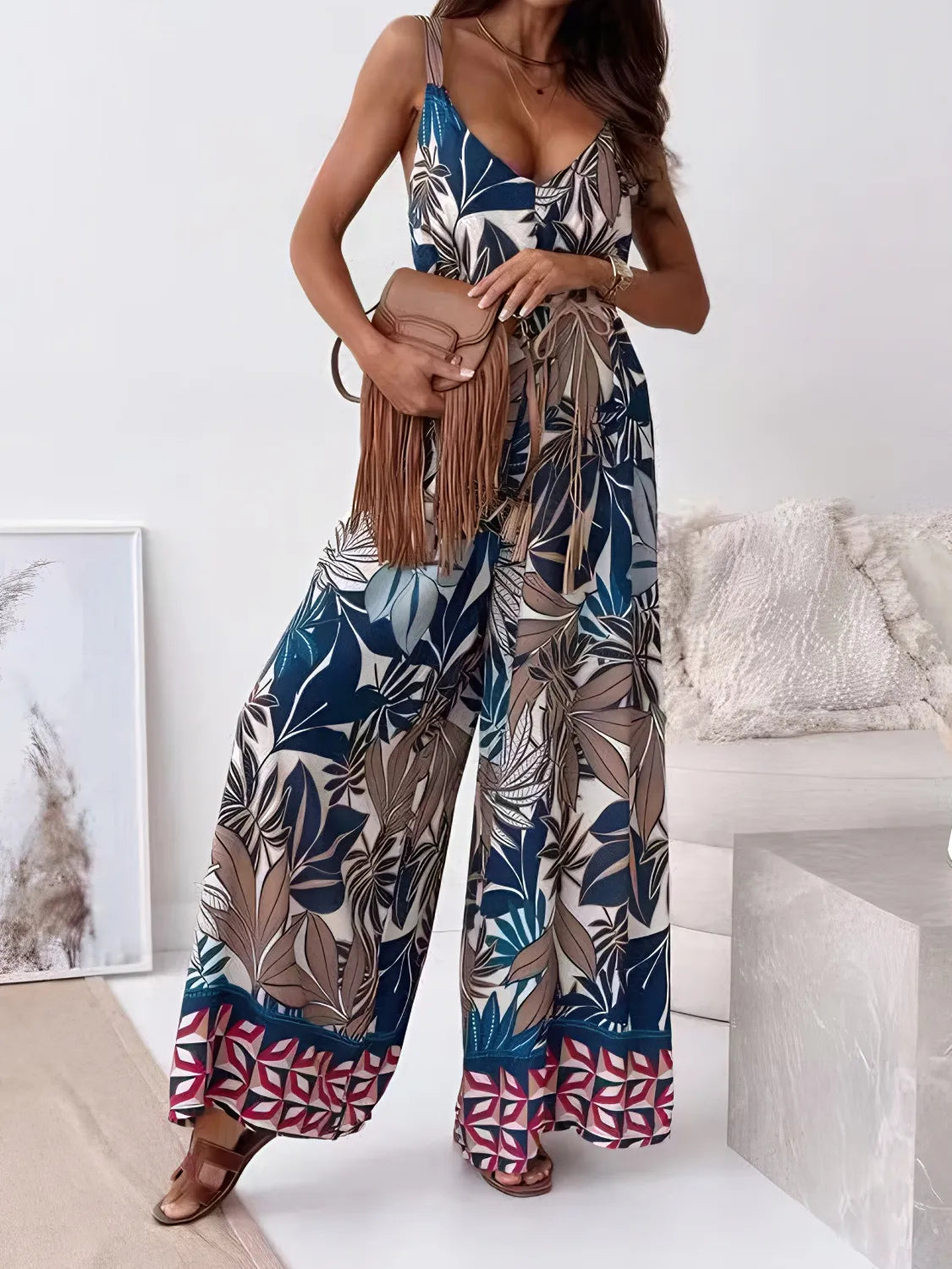 Printed V-Neck Wide Leg Jumpsuit