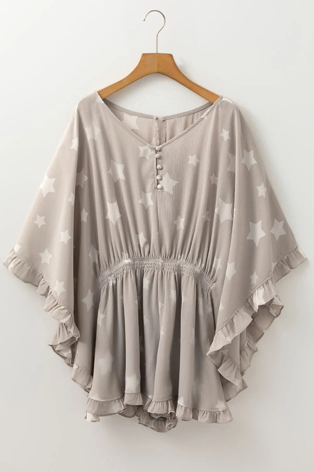 Star Print Crinkle Textured Kimono Ruffle Sleeve Romper