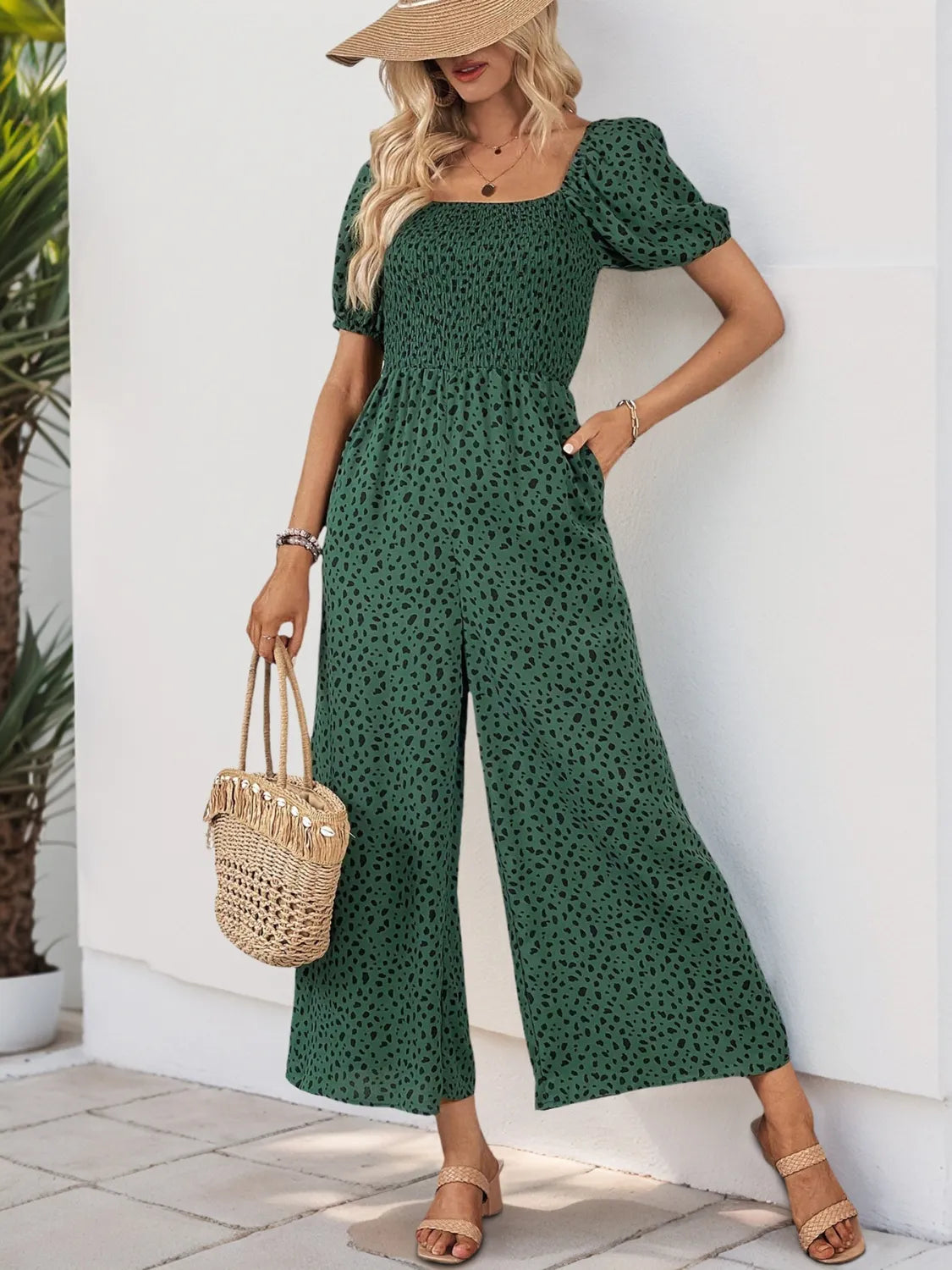 Printed Square Neck Puff Sleeve Jumpsuit
