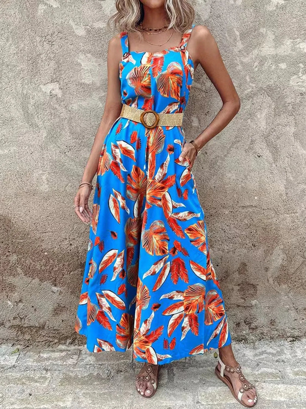 Printed Tropical Jumpsuit with Belted