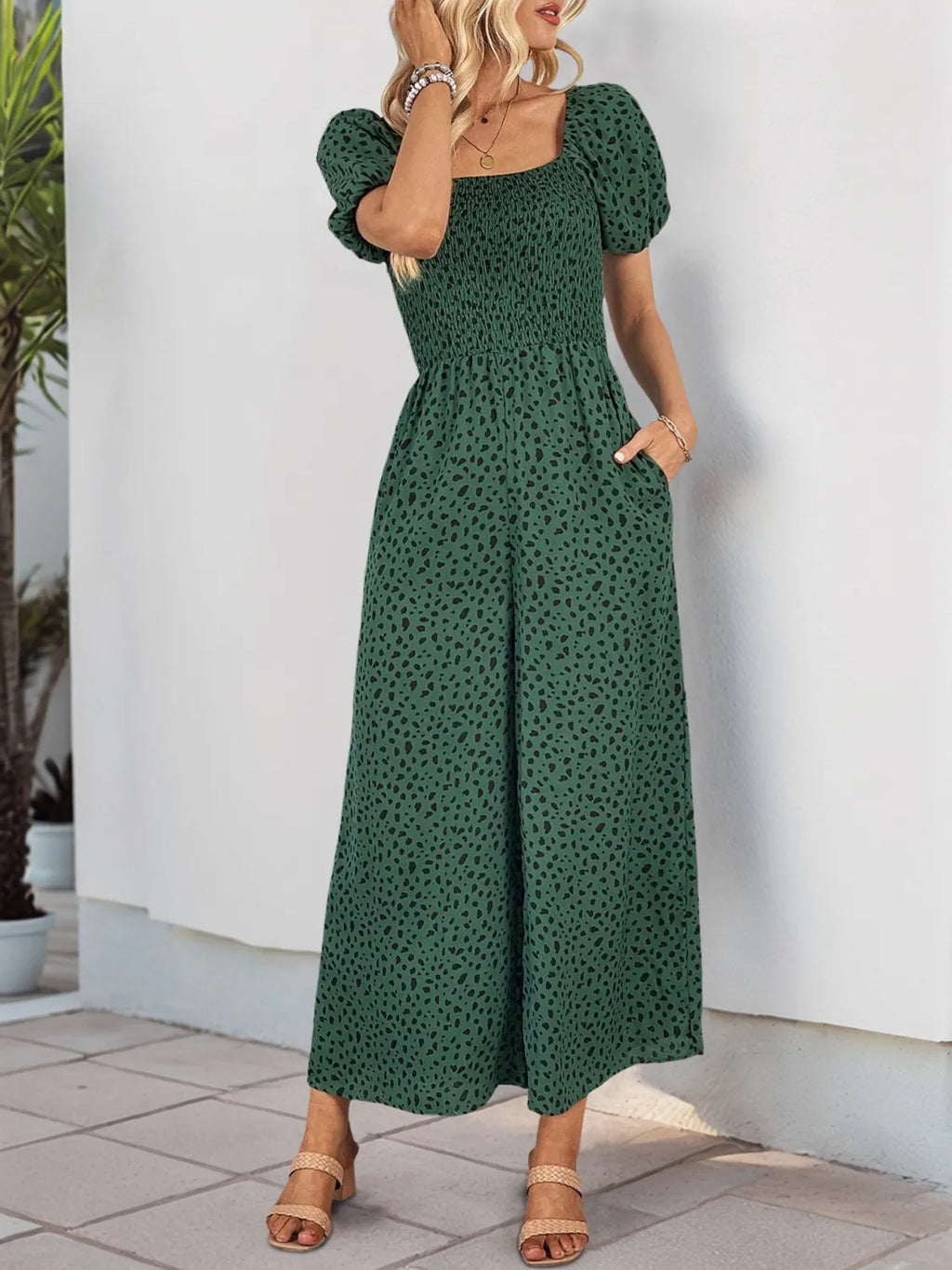 Printed Square Neck Puff Sleeve Jumpsuit
